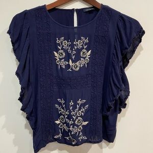American Eagle Women's Navy Blue Short Sleeve Embroidered Peasant Top Size XS